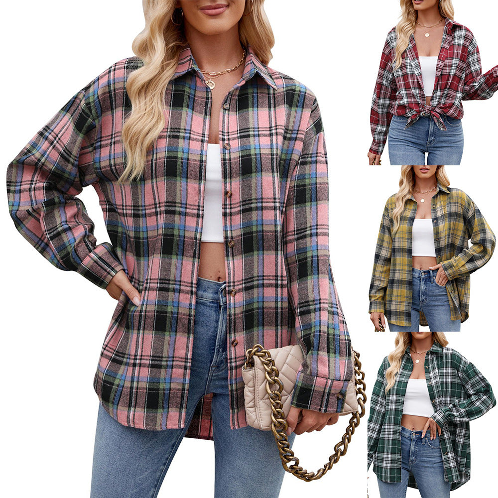 Camisa holgada de cuadros informales y de moda para mujer