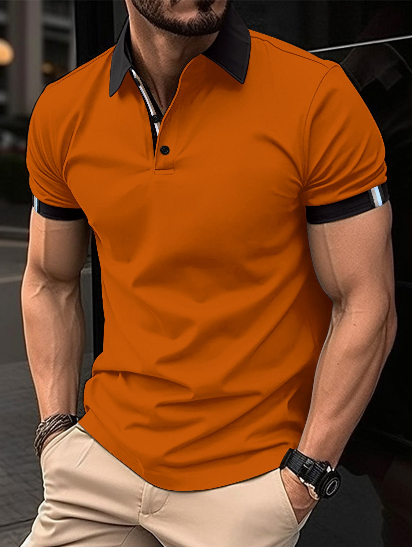 Camisa informal de color liso con botones y mangas cortas para hombre