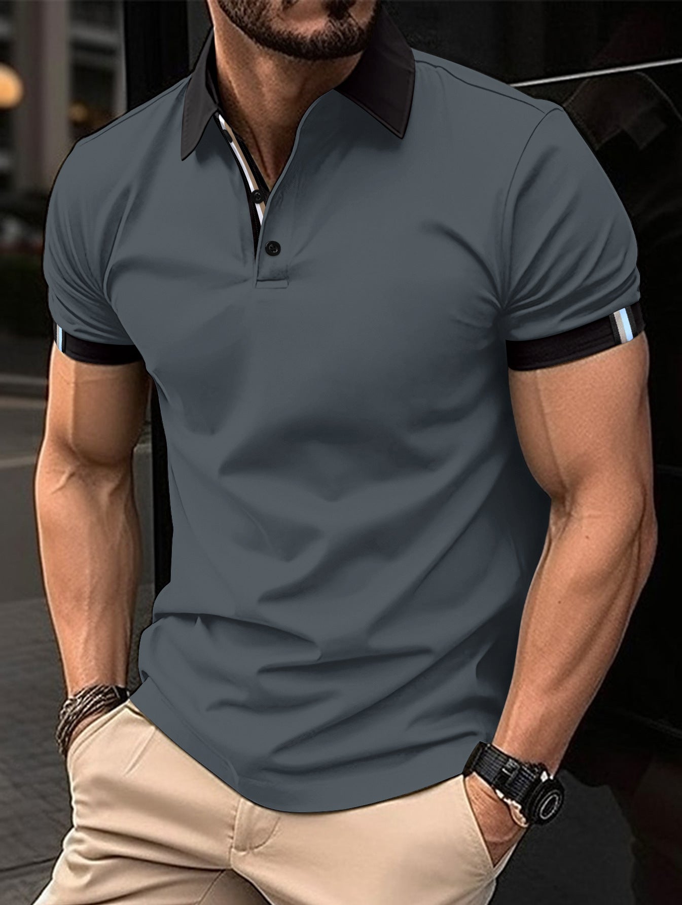 Camisa informal de color liso con botones y mangas cortas para hombre
