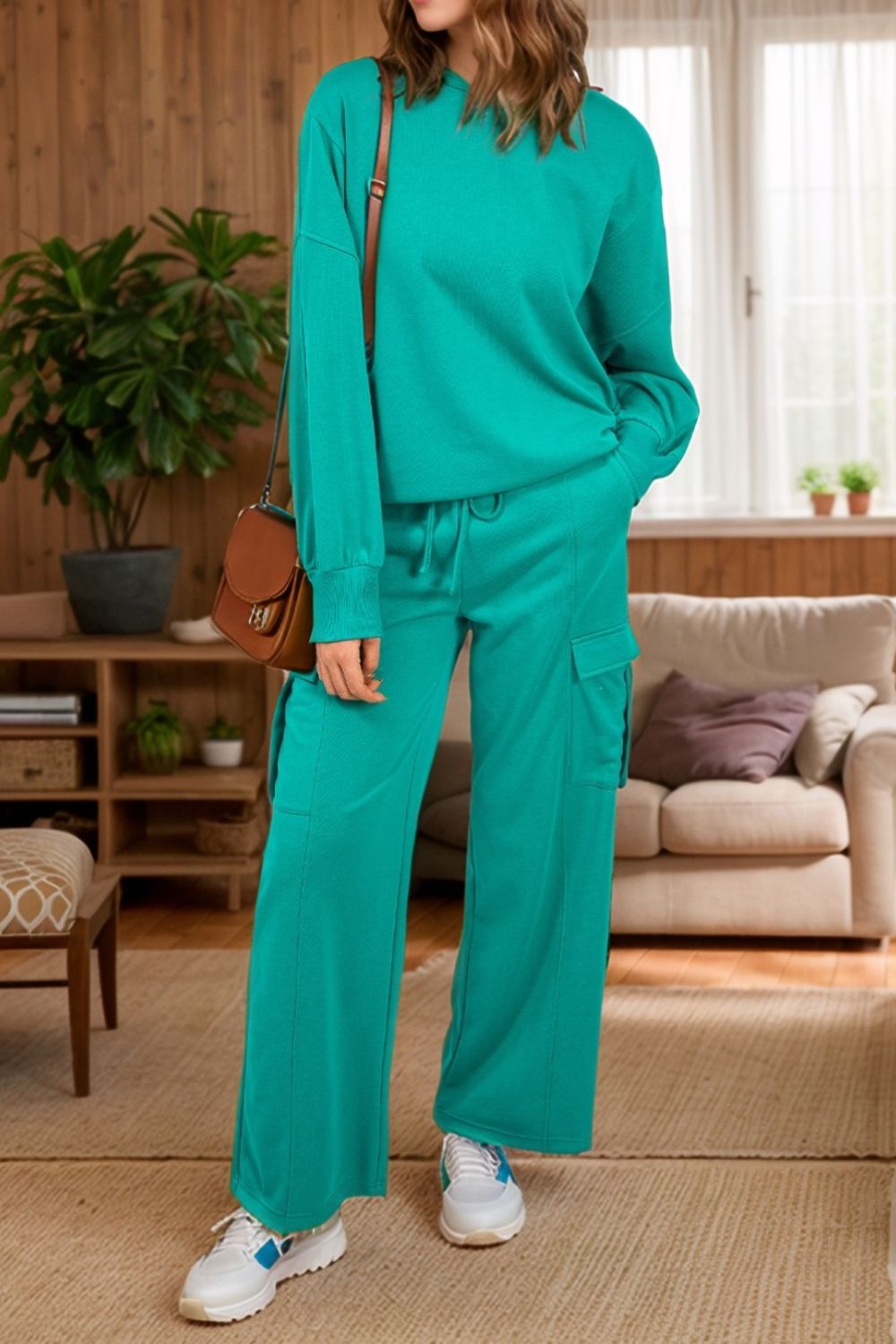 Conjunto de pantalón con cordón y camiseta de manga larga con cuello redondo de talla grande