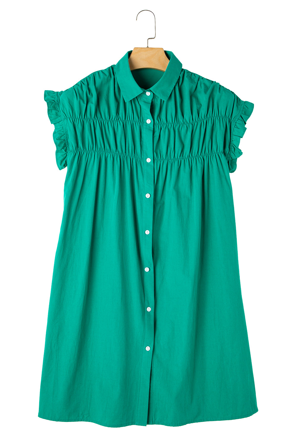 Vestido camisero con botones y mangas fruncidas con volantes de color verde brillante