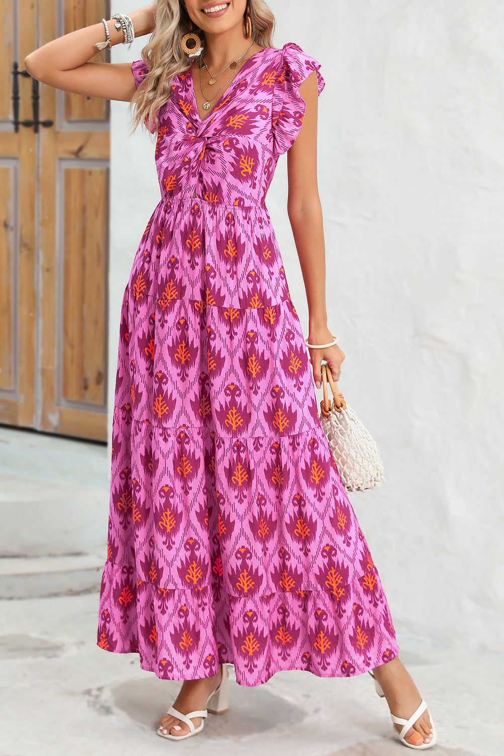 Vestido largo con volantes y estampado abstracto estilo bohemio Bonbon