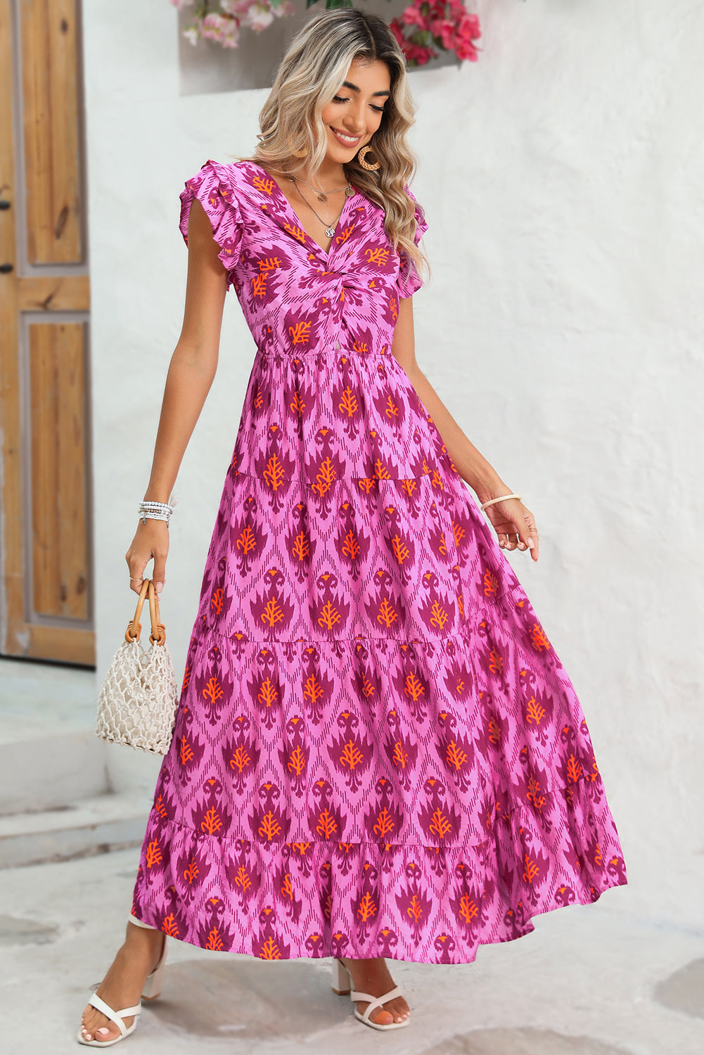 Vestido largo con volantes y estampado abstracto estilo bohemio Bonbon