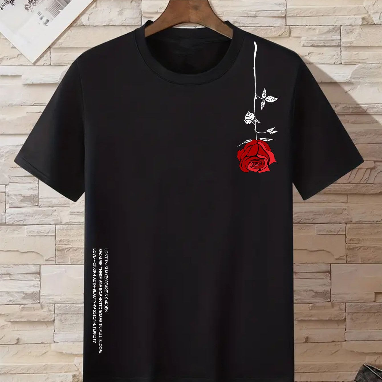 Camiseta retro con cuello redondo, mangas cortas y estampado de rosas invertidas