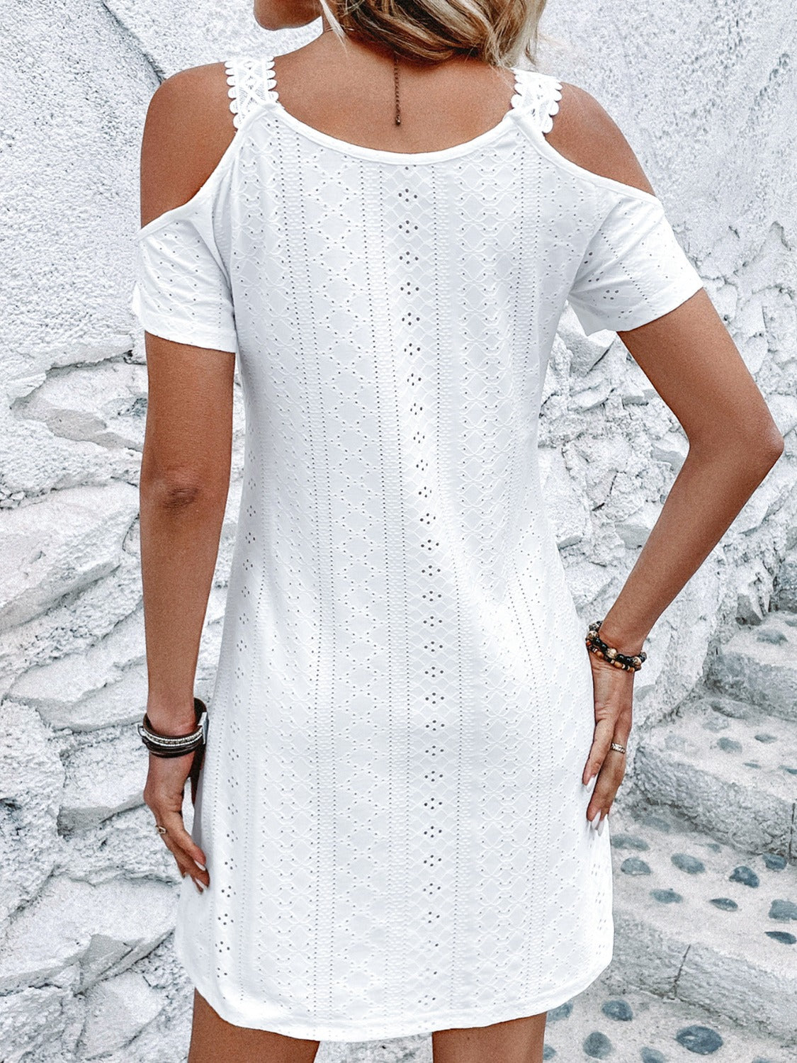 Eyelet V-Neck Cold Shoulder Mini Dress – Elegant & Trendy