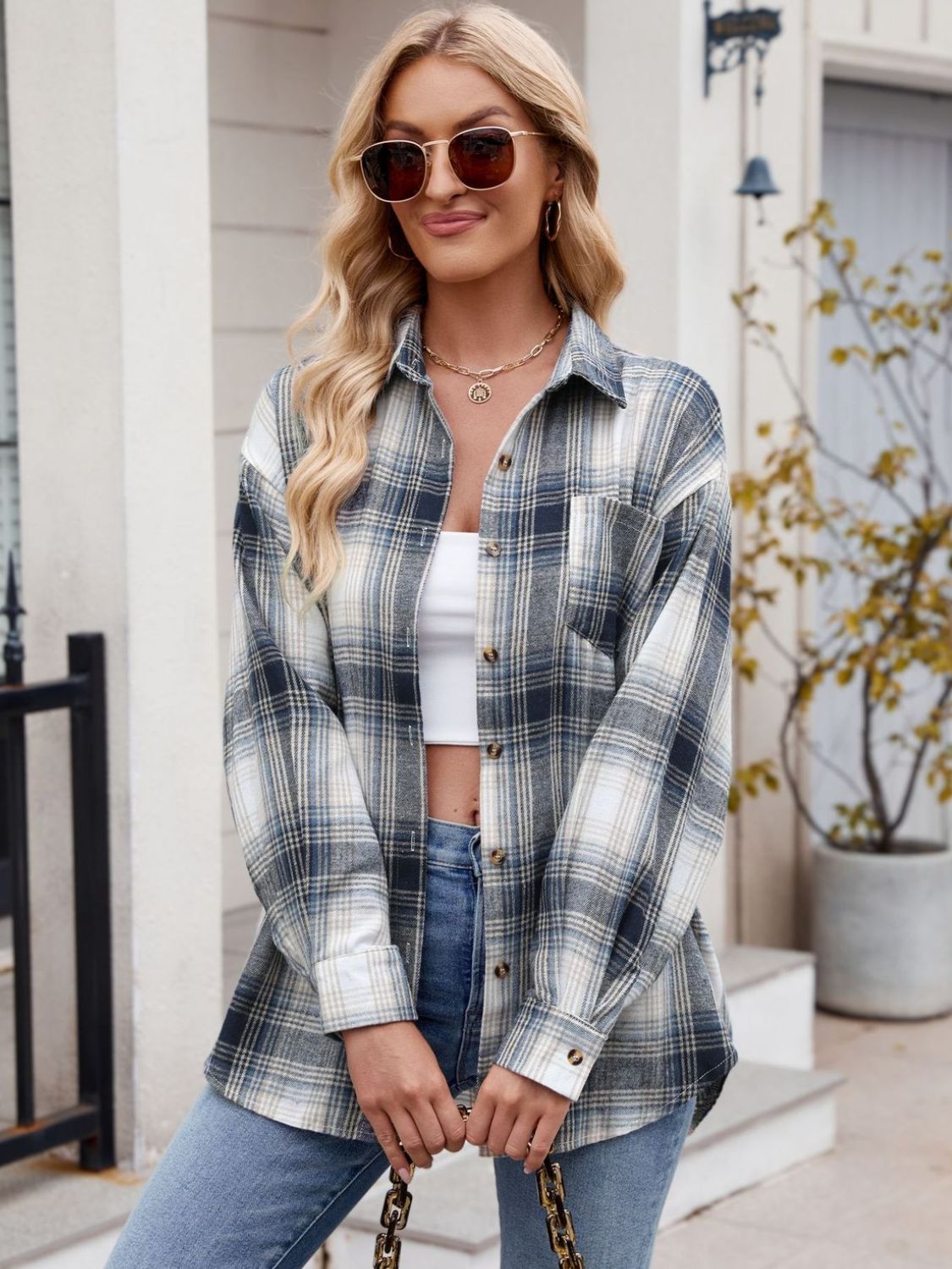 Camisa de manga larga con cuello a cuadros