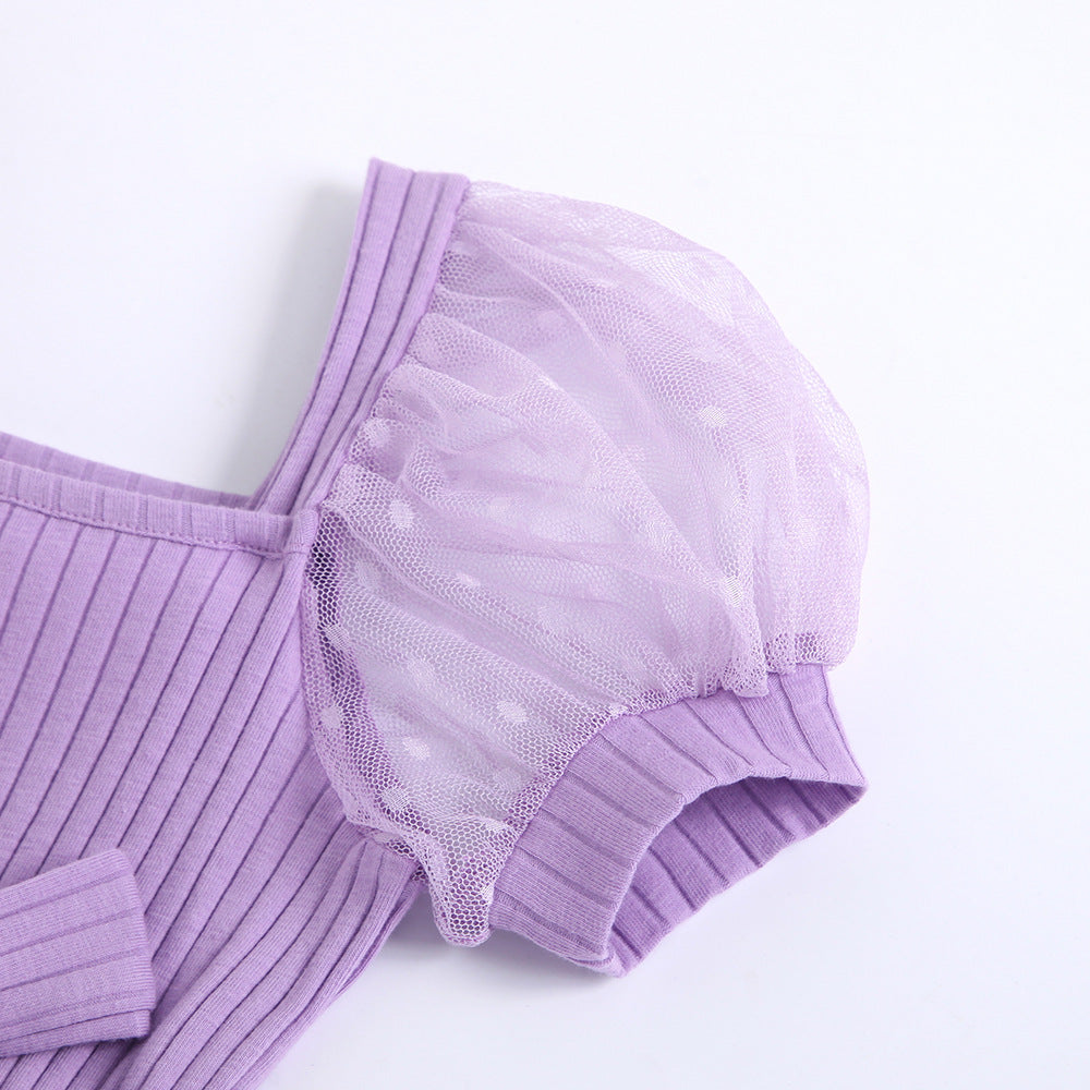 Ropa para niños Mono de manga abullonada transparente con cuello cuadrado y cinturón para niñas
