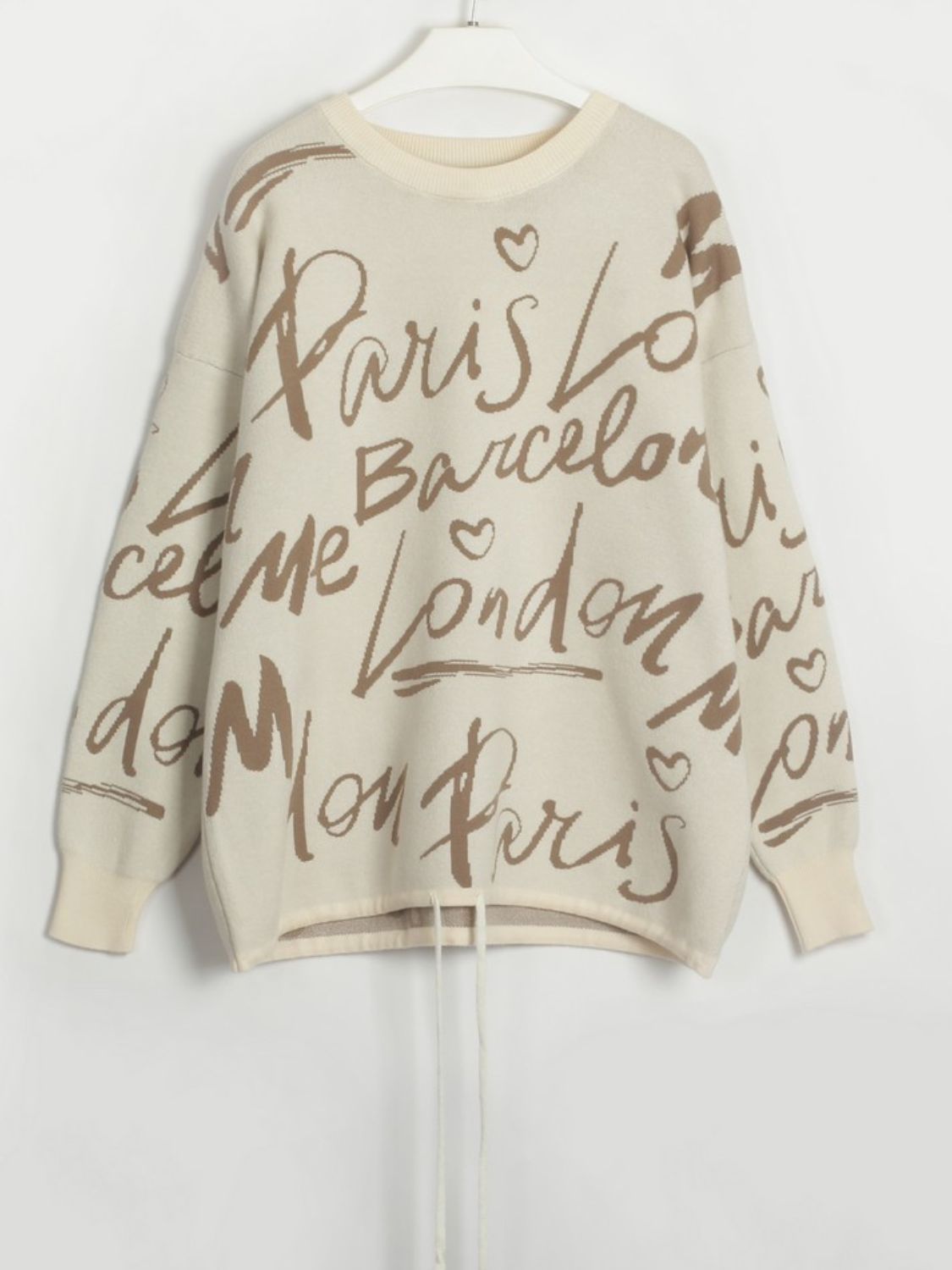 Drawstring Hem Letter Sweater | Trendy & Casual Dropped Shoulder Pullover