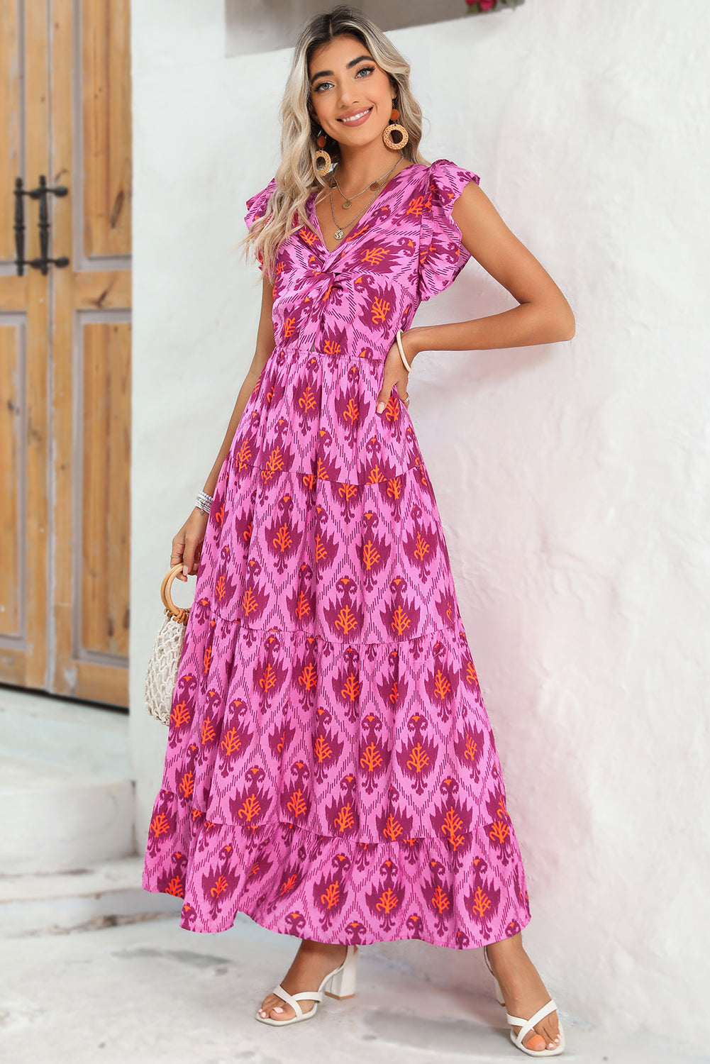 Vestido largo con volantes y estampado abstracto estilo bohemio Bonbon