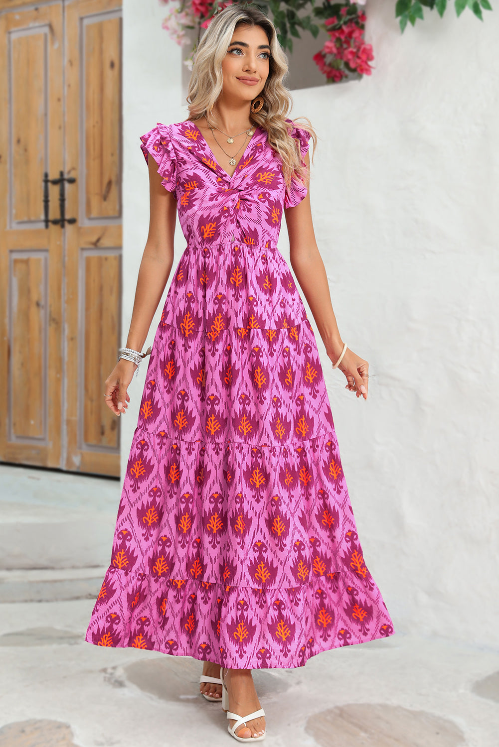 Vestido largo con volantes y estampado abstracto estilo bohemio Bonbon