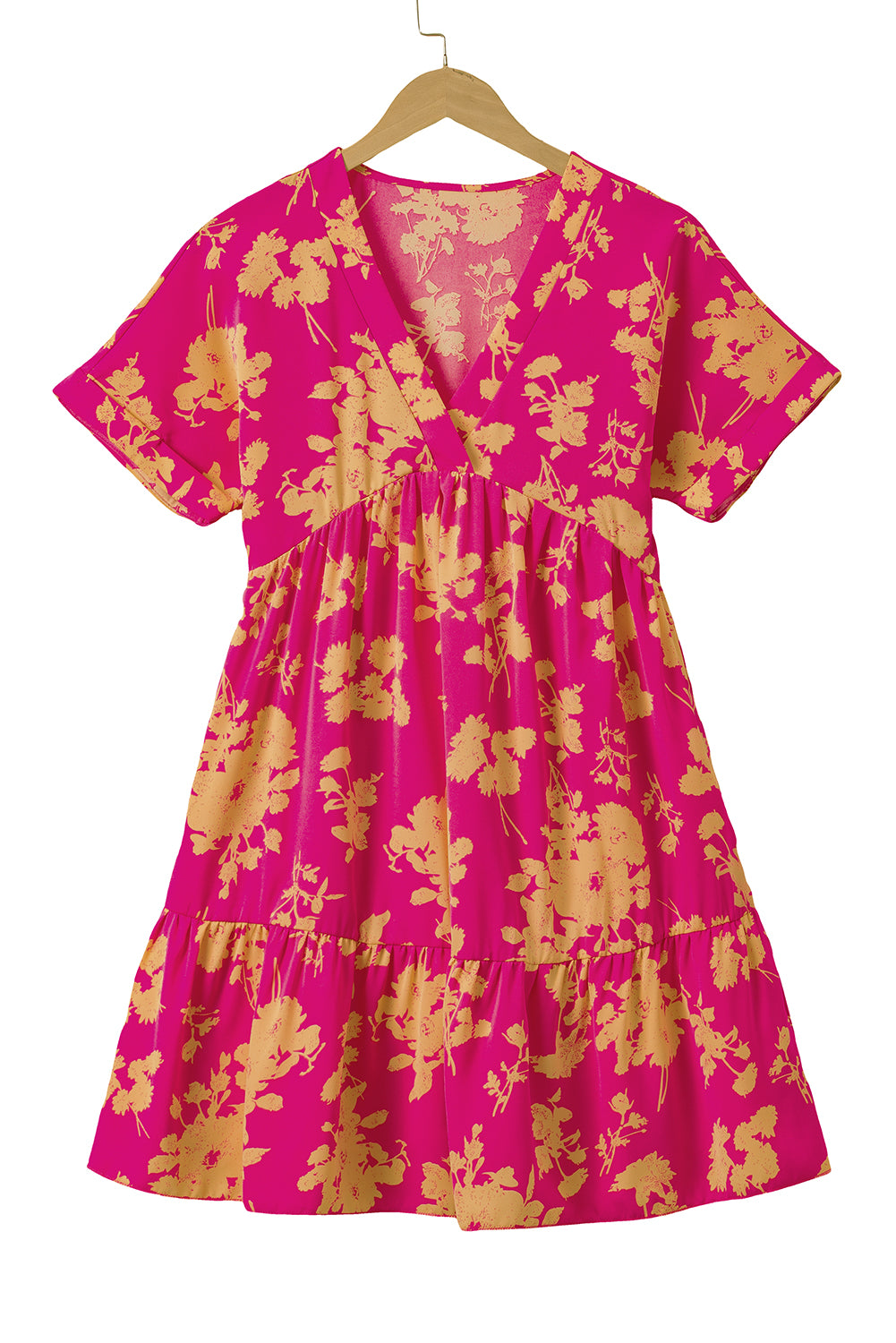Vestido corto con volantes, escote cruzado y manga corta con estampado floral en rosa