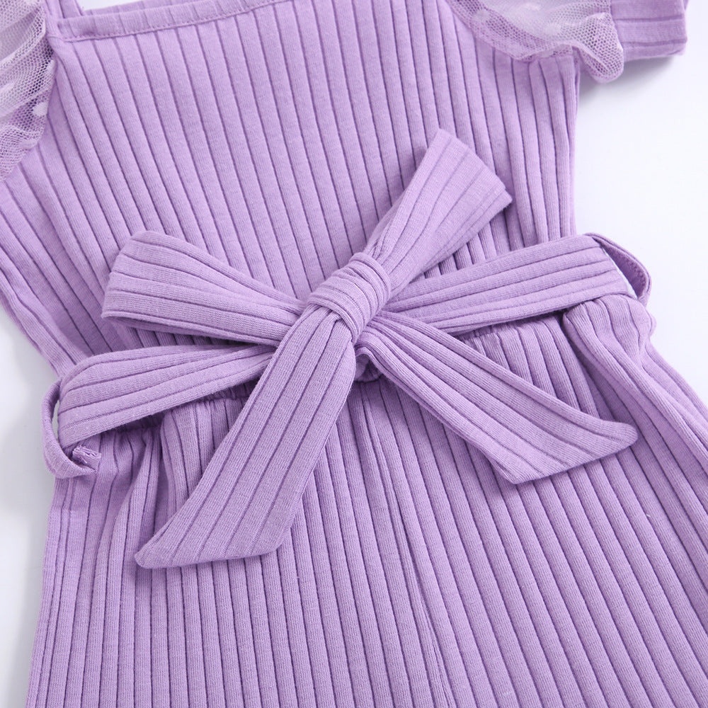 Girls' Square Collar Puff Sleeve Jumpsuit with Belt Elegant & Adorable