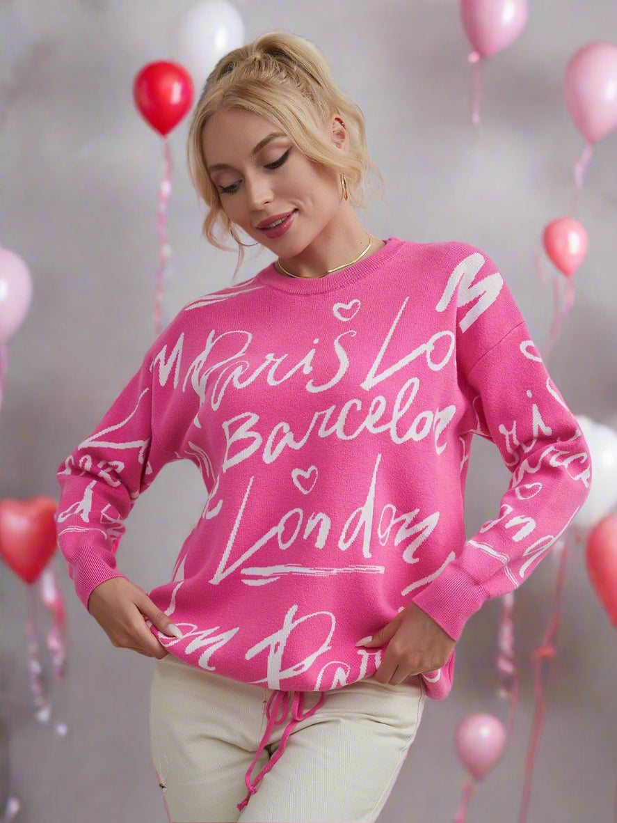 Drawstring Hem Letter Sweater | Trendy & Casual Dropped Shoulder Pullover