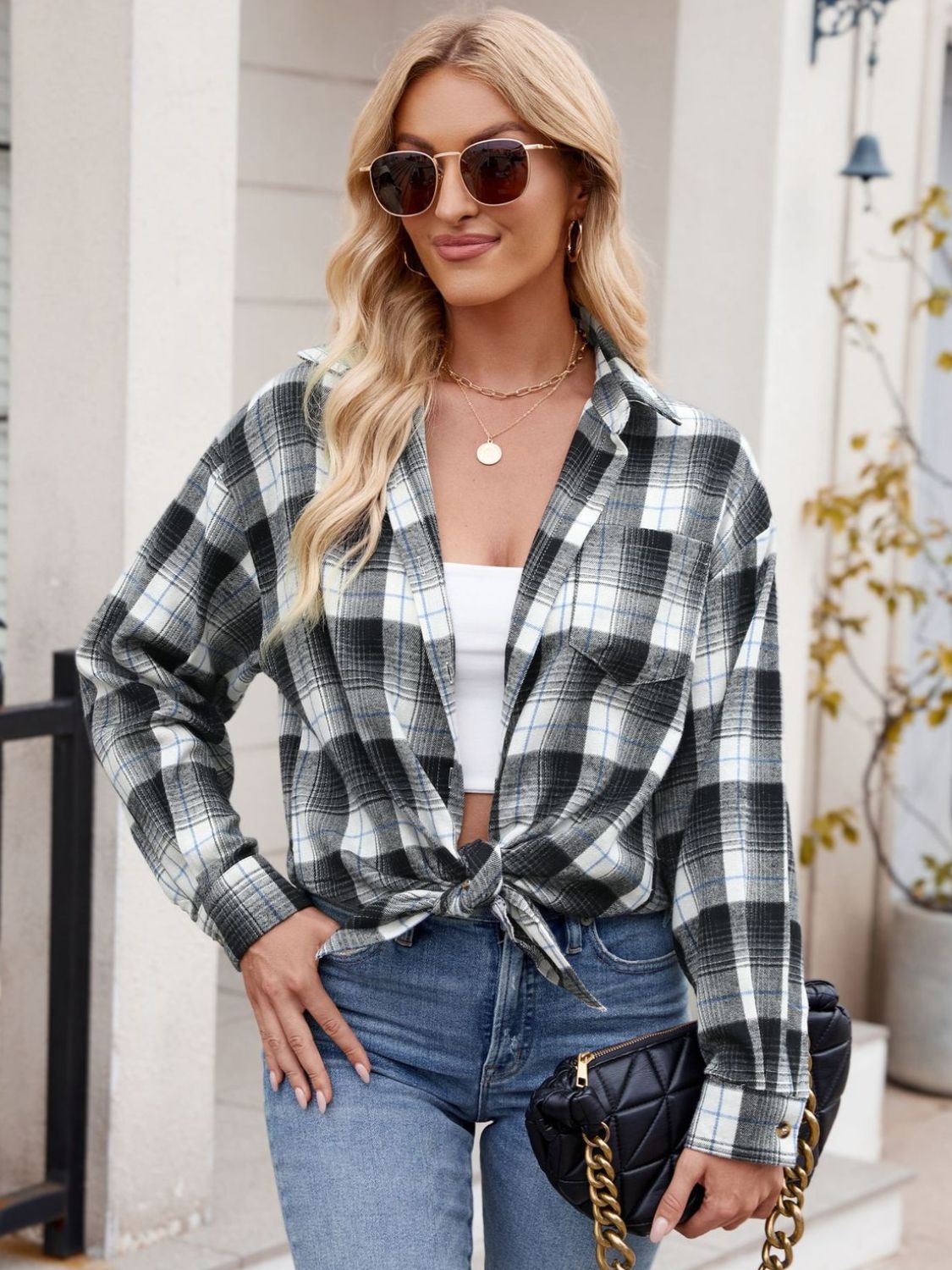 Camisa de manga larga con cuello a cuadros