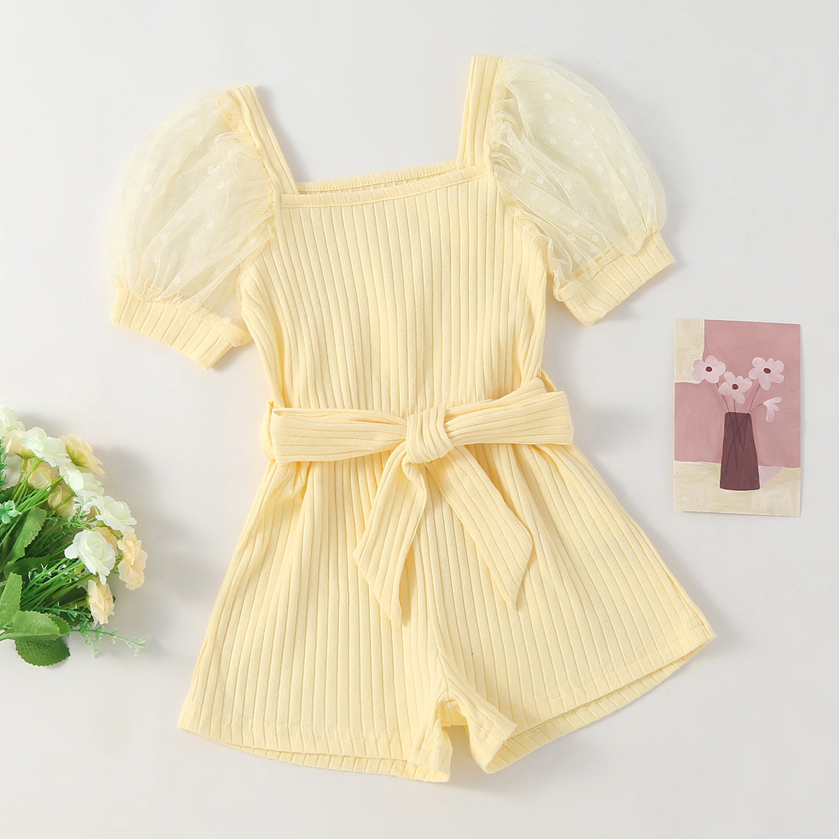 Girls' Square Collar Puff Sleeve Jumpsuit with Belt Elegant & Adorable