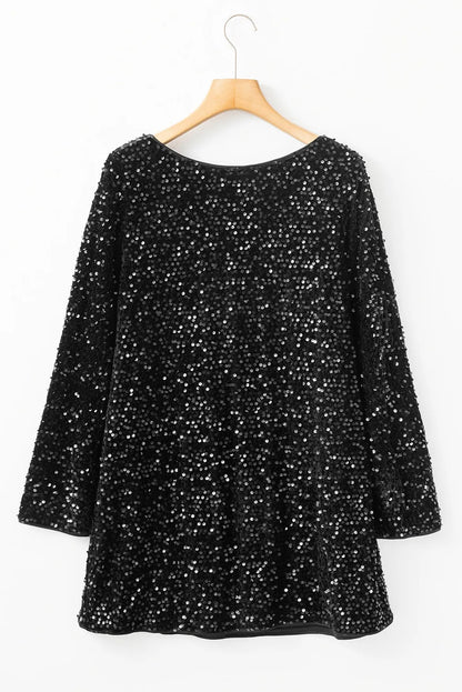 Sequin Round Neck Mini Dress | Glamorous Long Sleeve Party Outfit