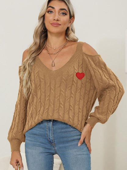 Cable-Knit Heart V-Neck Sweater | Cozy & Charming Knitwear