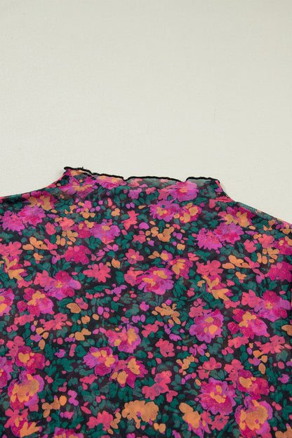 Rose Retro Floral Printed Mesh Short Sleeve Top