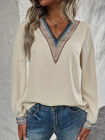 Contrast V-Neck Long Sleeve Blouse | Elegant & Chic Office Wear
