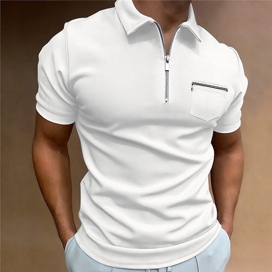 Camiseta de manga corta con solapa y bolsillo de color liso para hombre de verano