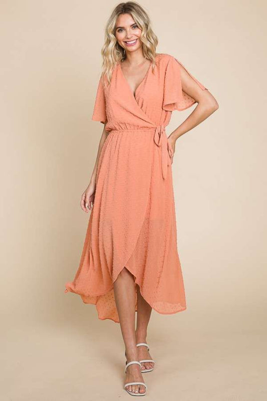 Culture Code Full Size Swiss Dot Tied Slit Short Sleeve Dress – Elegant & Chic