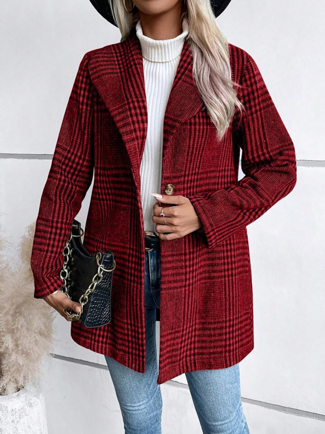 Plaid Collared Neck Long Sleeve Jacket | Chic & Cozy Outerwear