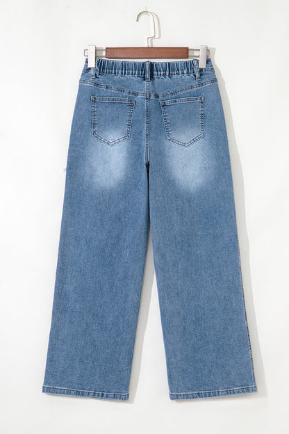 Stone Blue Star Patchwork Light Wash Wide Leg High Waist Jeans