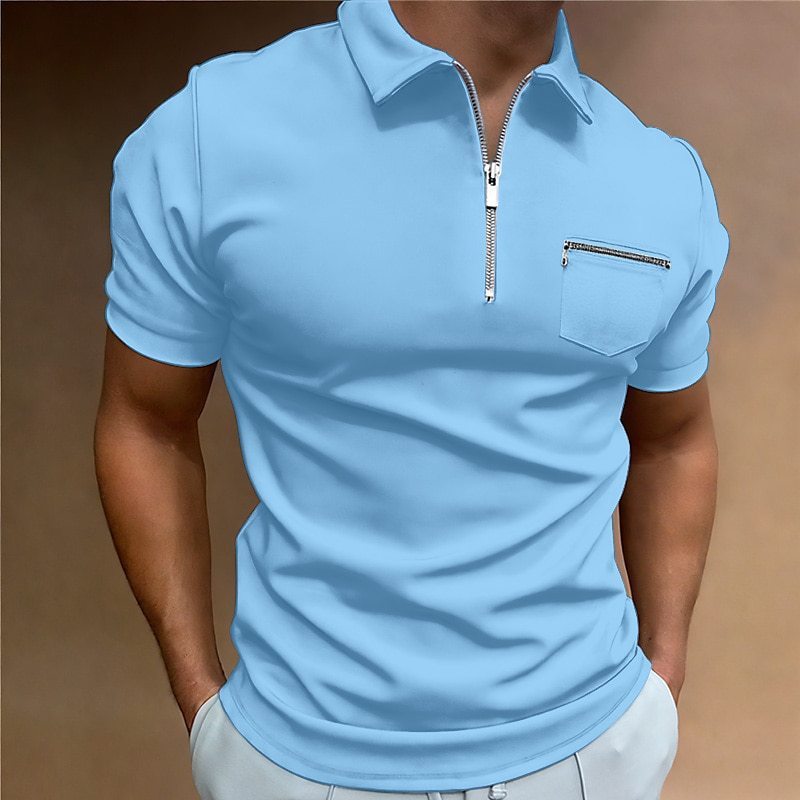 Camiseta de manga corta con solapa y bolsillo de color liso para hombre de verano