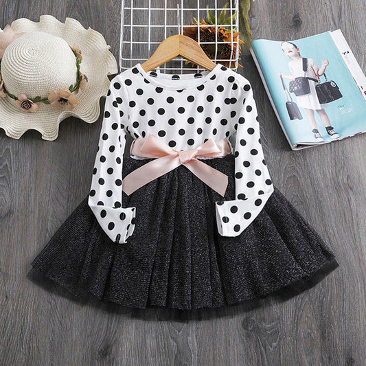 Long-Sleeved British Polka Dot Tutu Dress – Elegant & Playful