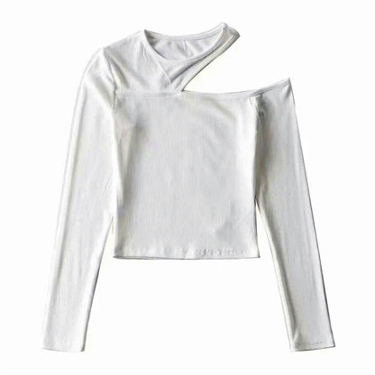 Camiseta de manga larga sin tirantes oblicua para mujer