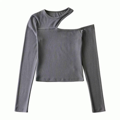 Camiseta de manga larga sin tirantes oblicua para mujer
