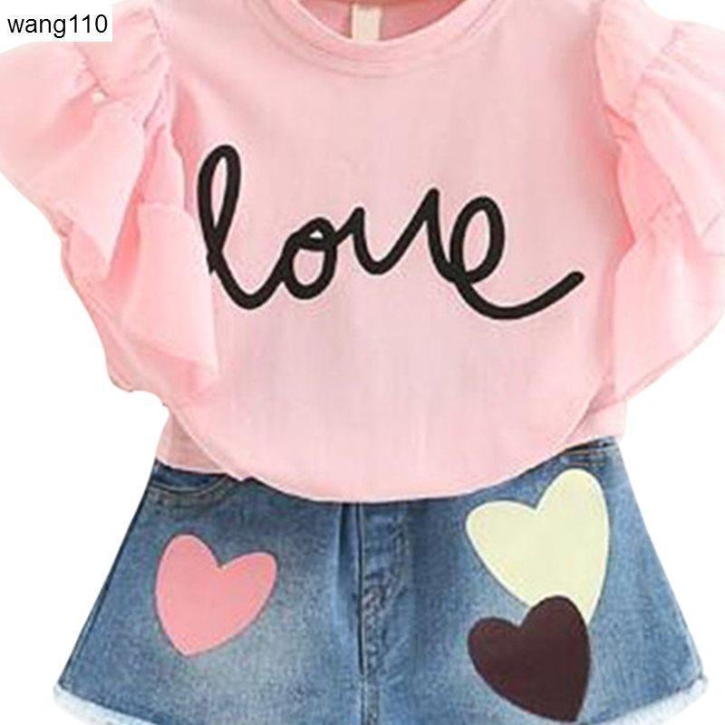 Conjuntos de ropa de verano para niñas, 2 piezas, camiseta, pantalones con agujeros