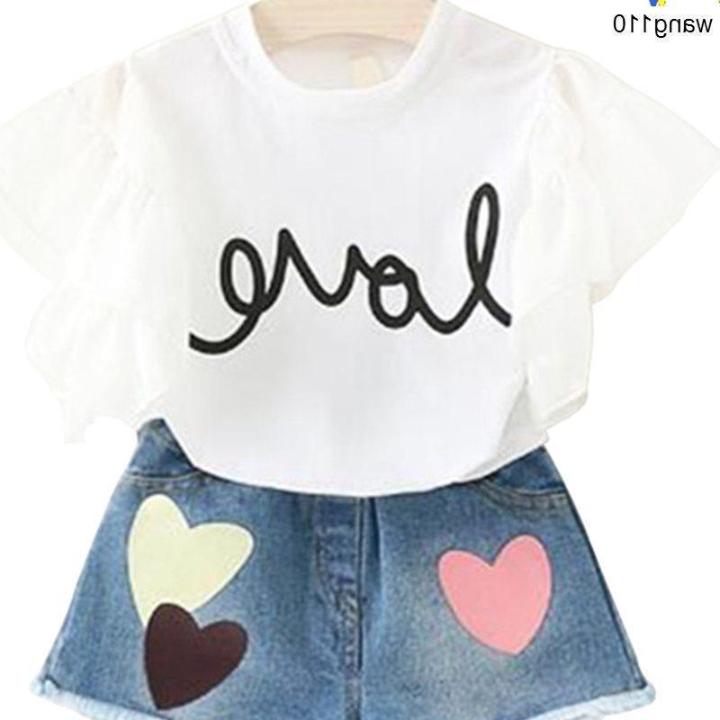 Conjuntos de ropa de verano para niñas, 2 piezas, camiseta, pantalones con agujeros