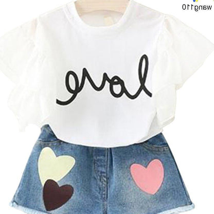 Conjuntos de ropa de verano para niñas, 2 piezas, camiseta, pantalones con agujeros