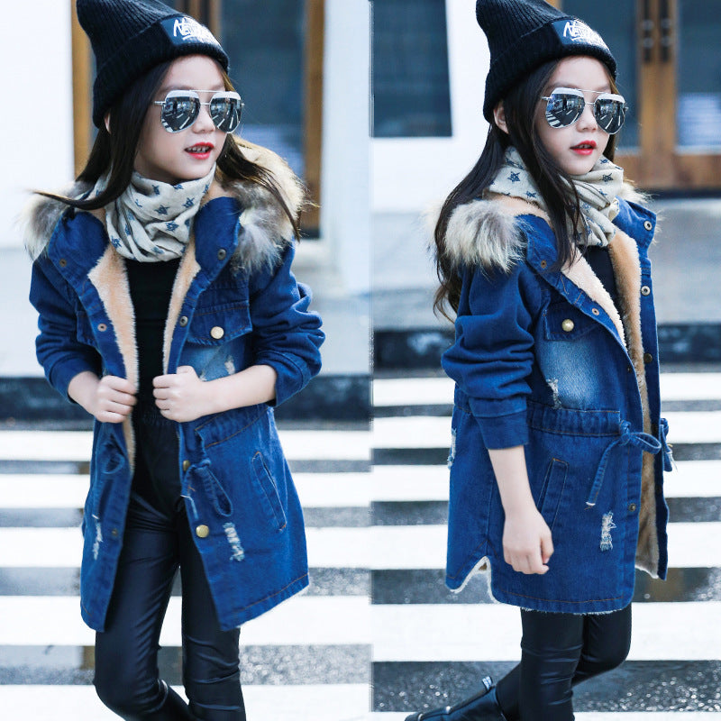 Denim Trench Coat with Velvet Padded Waist | Stylish & Warm