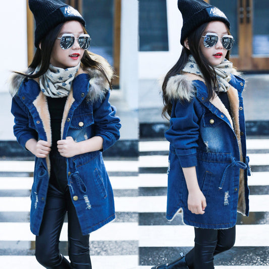 Denim Trench Coat with Velvet Padded Waist | Stylish & Warm