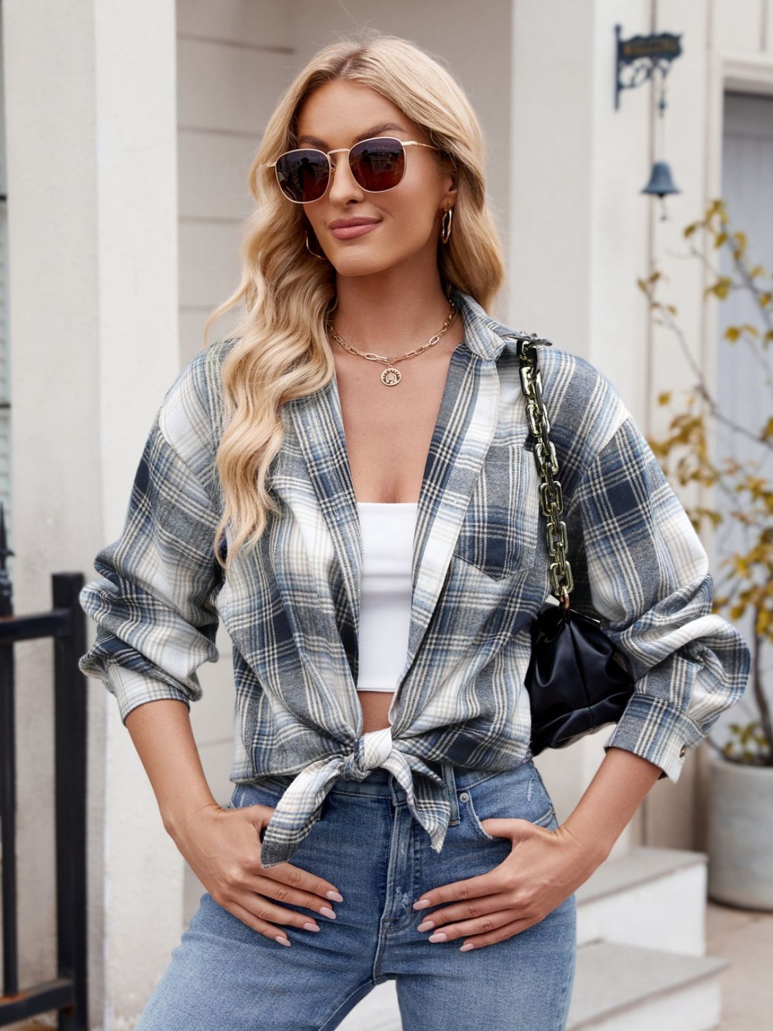 Camisa de manga larga con cuello a cuadros