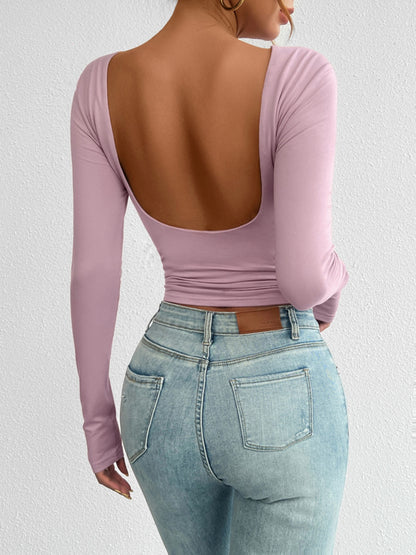 Backless Round Neck Long Sleeve T-Shirt | Chic & Effortless Style