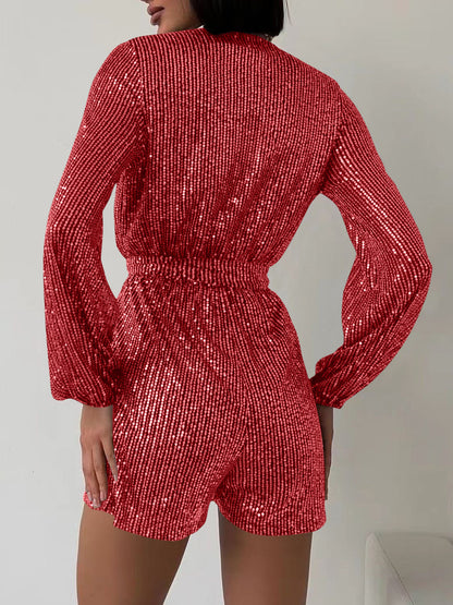 Full Size Sequin Surplice Romper | Glamorous Tie-Waist Long Sleeve One-Piece
