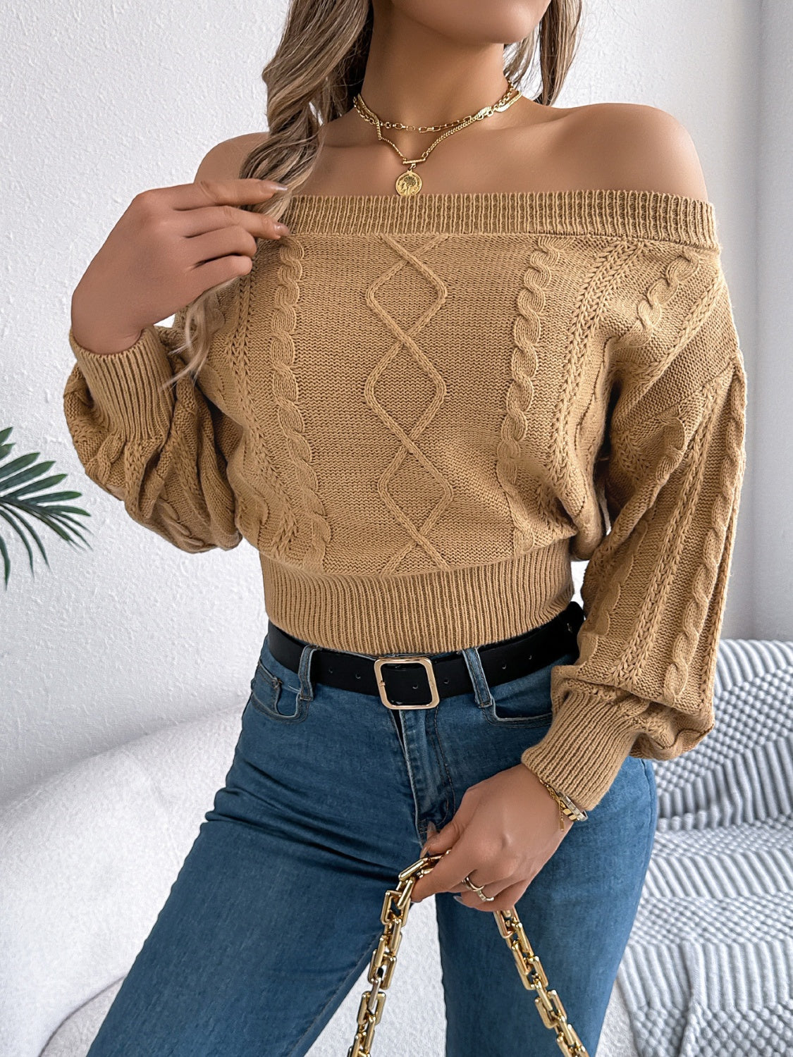 Cable Knit Off-Shoulder Sweater | Cozy & Chic Long Sleeve Knit