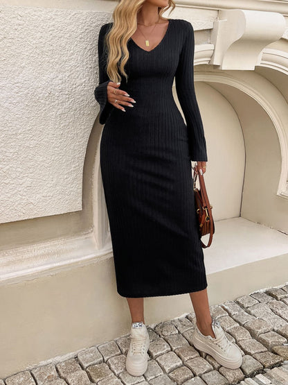 Vestido estilo suéter de manga larga con escote en V y lazo Devine