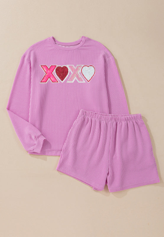 Conjunto de top de manga larga y pantalones cortos con cordón y lentejuelas en forma de corazón XOXO para el día de San Valentín