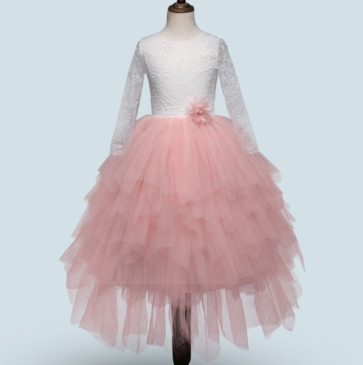 Girls' White Lace Princess Dress | Elegant Long-Sleeve Irregular Skirt