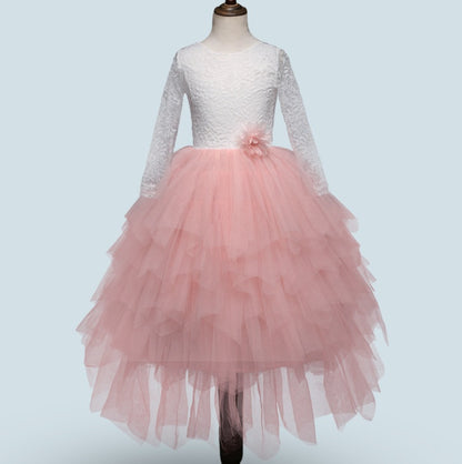 Girls' White Lace Princess Dress | Elegant Long-Sleeve Irregular Skirt