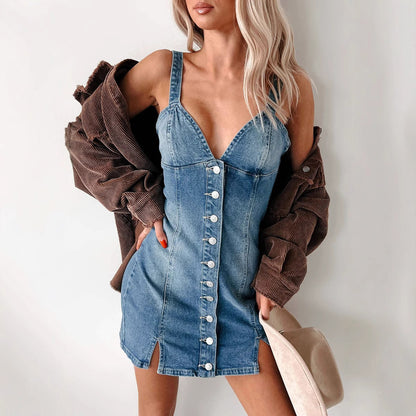 Breasted Cardigan Denim Dress Deep V-neck