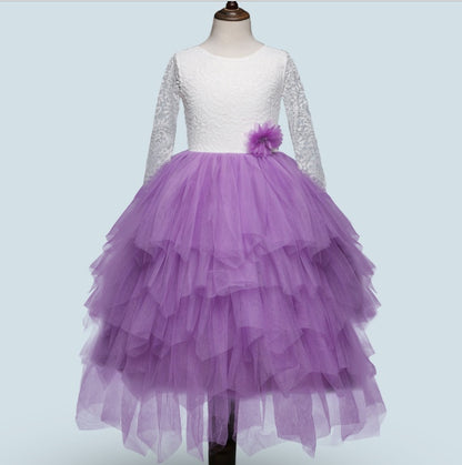 Girls' White Lace Princess Dress | Elegant Long-Sleeve Irregular Skirt