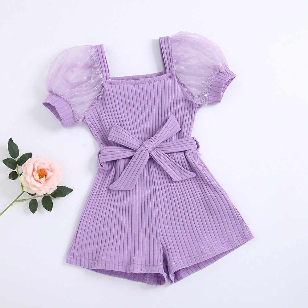 Girls' Square Collar Puff Sleeve Jumpsuit with Belt Elegant & Adorable