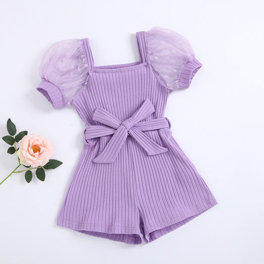 Girls' Square Collar Puff Sleeve Jumpsuit with Belt Elegant & Adorable