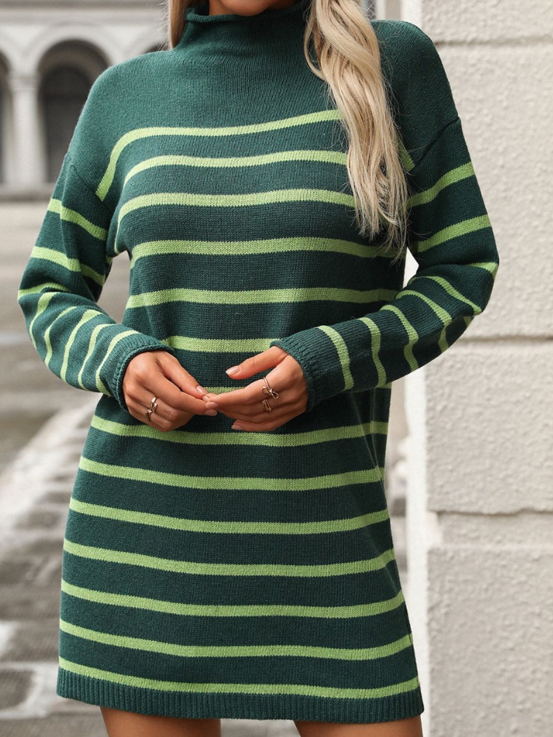 Striped Mock Neck Long Sleeve Mini Dress | Chic & Timeless