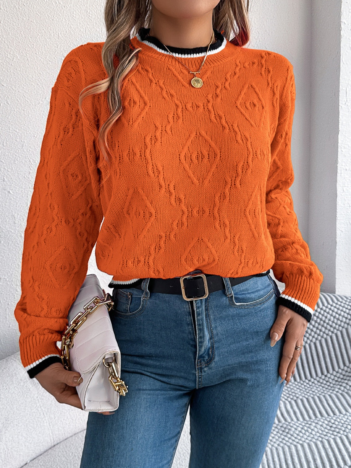 Contrast Trim Round Neck Long Sleeve Sweater | Chic & Timeless Knitwear